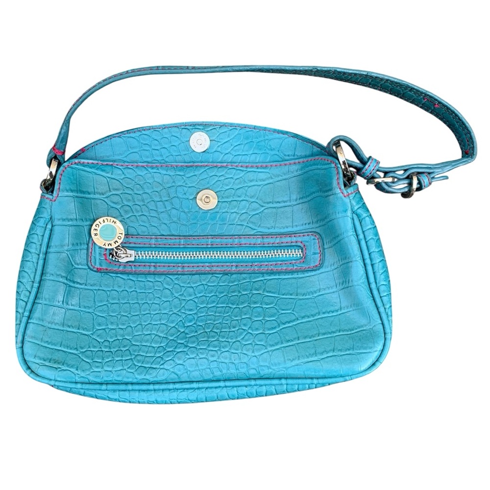 Vintage Y2K Tommy Hilfiger Turquoise Croc-Embossed Shoulder Bag